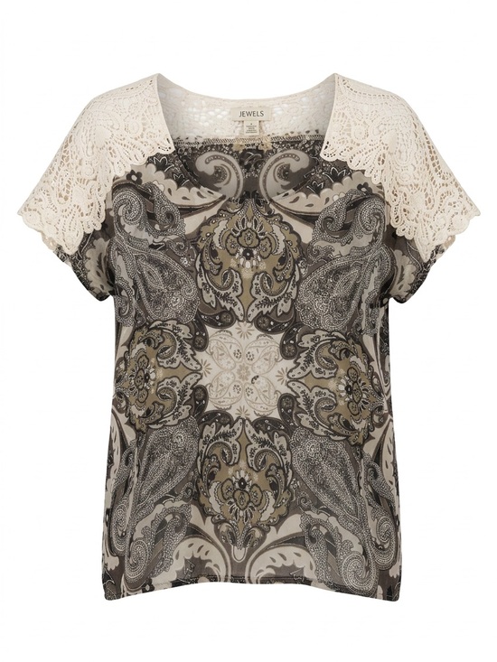 ONE WORLD Tops - ONE WORLD Neutral Paisley Lace Cap-Sleeve Blouse